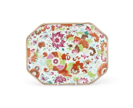 A Chinese Export 'pseudo-tobacco leaf' dish, Qianlong, decorated in variegated shades with stylised floral roundels amongst l