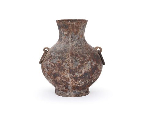 A large Chinese iron vase, hu, Han dynasty, heavily cast with ring handles, 43cm highProvenance: Guinevere, King's Road, Lond