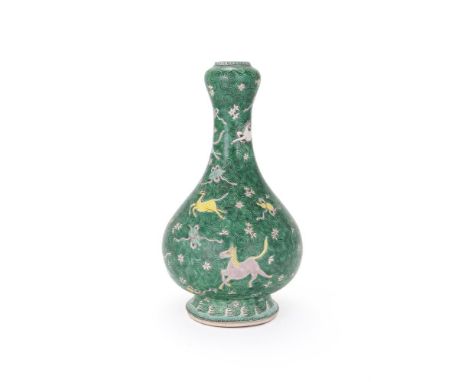 A Chinese Famille Verte garlic headed vase, 19th century, painted in Kangxi style, with galloping horses and Daoist emblems, 