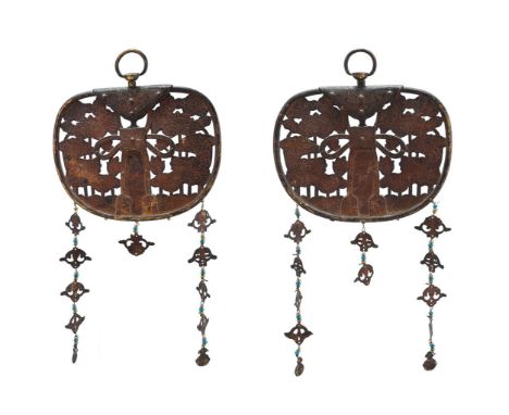 A Pair of Japanese gilt copper Keman, each of typical rounded form with overhead suspension ring and pendant lotus flowers be
