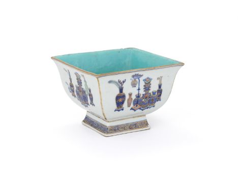 A Chinese porcelain 'Hundred Antiques' square bowl, Daoguang mark and of the period, the steep flared sides painted in underg