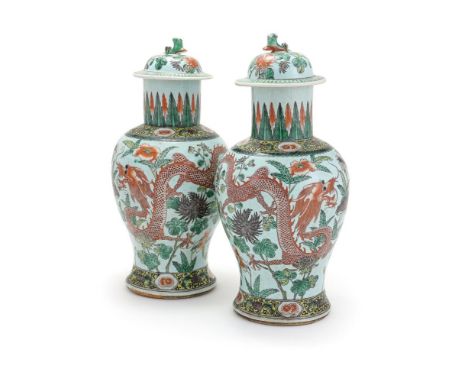 A pair of Chinese Famille Verte 'Dragon' vases and covers, late 19th century, 41cm highProvenance: From a private collection 