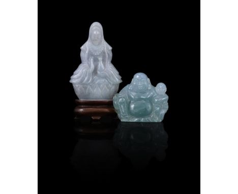 A pale grey jadeite figure of Guanyin, 20th century, holding a gourd, 7 cm high, wood stand and a Chinese celadon jade caving