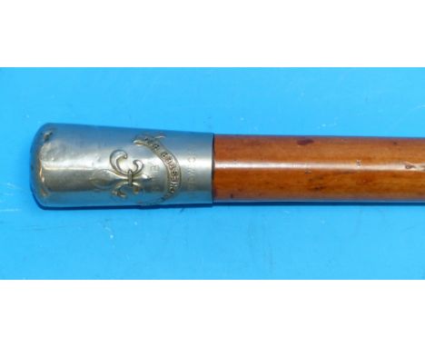 A Malacca cane stick with nickel finial embossed ‘The Manchester Regiment’, 35.5”