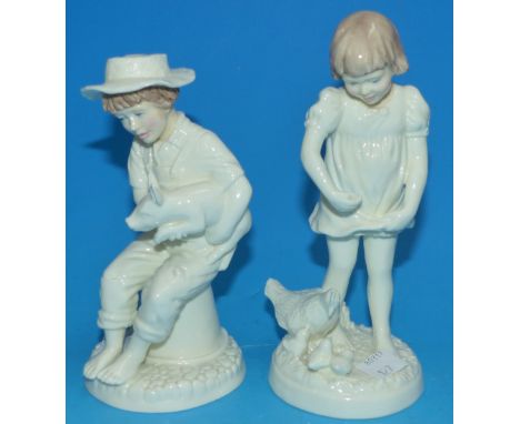 Two Royal Worcester limited edition figures of children:  boy with piglet, 154/5000, & girl with chickens, 147/5000