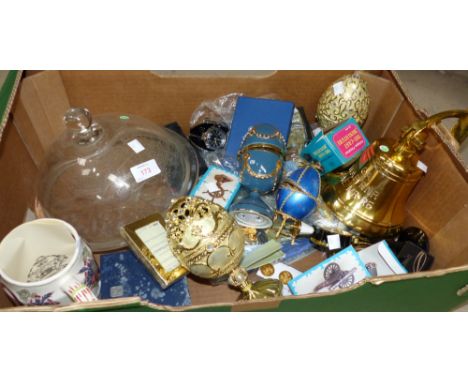 A selection of decorative items including Fabergé style eggs; a brass monastery bell; a brass reproduction sundial; etc.