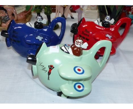 Three Carltonware teapots:  Red Baron; Blue Max & Lucy May