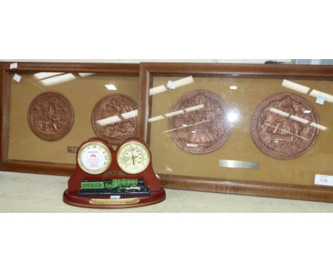 A Resin Ltd automaton/clock "Flying Scotsman"; 2 bronzed facsimiles of Henry VIII & Elizabeth I Royal Seals, framed and glaze