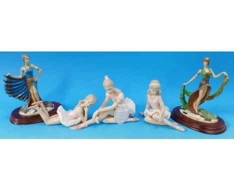 Three Leonardo collection ceramic ballerina figures; 2 Art Deco style resin figures