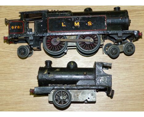 A tin plate '0'gauge clock work locomotive LMS 6781 in black livery; a smaller similar train in need of restoration