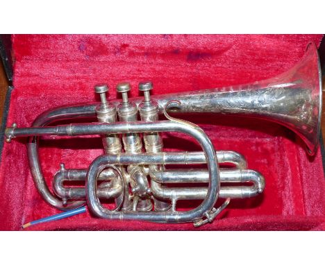 A silver plated "The Clippertone" Classic A cornet by Hawkes & Son, in fitted box