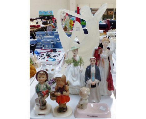 A Francesca art china figure "Emma"; 2 Hummel figures; a large Art Deco style frosted figure; other decorative figures