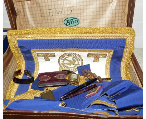 Two fountain pens; a pair of pince nez, cased; a belt buckle; a penknife; Masonic apron and sash; 1960's Royal Wedding Countr