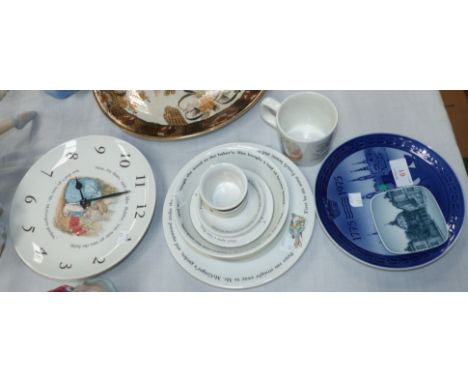 A Wedgwood "Peter Rabbit" wall clock; 9 pieces of similar china; a Royal Copenhagen item