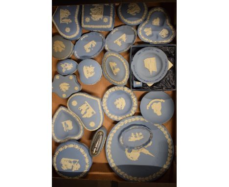 Wedgwood Blue Jasperware to include trinkets, table lighter,  dishes, thimble and others (approx 20 pieces).  Condition mostl