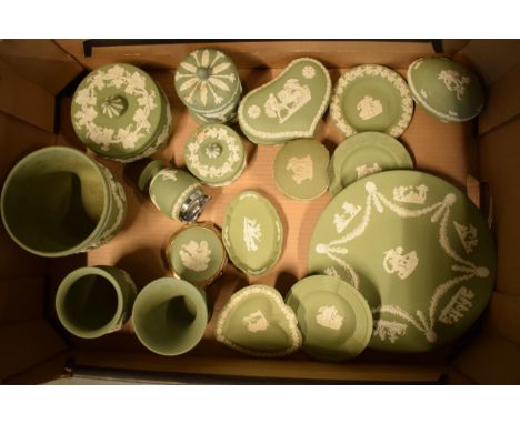 Wedgwood green Jasperware to include trinkets, table lighter, jardiniere and others (approx 17 pieces).  Condition mostly goo