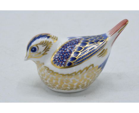 Boxed Royal Crown Derby paperweight in the form of a Goldcrest. First quality with gold stopper.  In good condition with no o