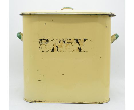 Vintage enamel bread bin in yellow / cream and green colourway.  