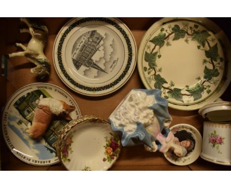 A collection of pottery to include Royal Doulton figure Southern Belle blue colourway, Goebel horse, Royal Albert Old Country
