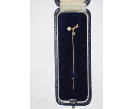 Cased 9ct gold gold pearl and diamond stick pin, base metal pin.  