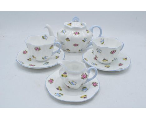 Shelley tea for two teaset in the Roses, Pansy and Forget-Me-Not pattern, number 13424, to include a tea pot, 2 cups, 2 sauce