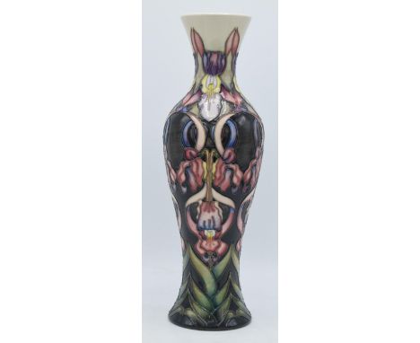 Moorcroft tall vase decorated with foliage in the manner of Foxglove, 31cm tall, first quality.  In good condition with no ob