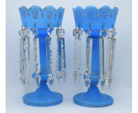 Antique pair of opaque blue lustres with prismatic drops (2), 35cm tall, together with a collection of associated drops and s