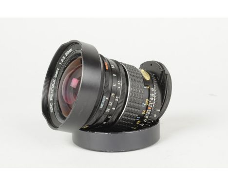 An SMC Pentax 28mm f/3.5 Shift Lens, K mount, serial no 7375869,  barrel G-VG, slight wear to hood, shift moves freely, eleme