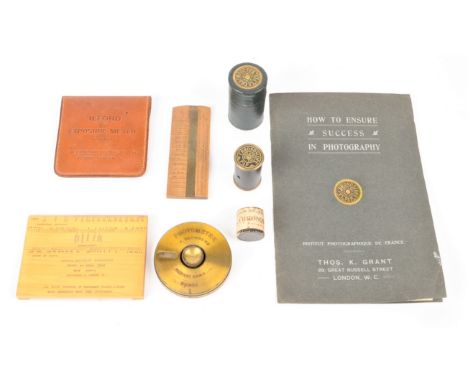 Light Meters, circular brass Decoudun Photometre, Chronoscope, of cylindrical form, with English instructions, pamphlet, and 
