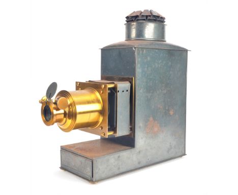 A Wrench Russian Iron and lacquered brass Magic Lantern,  with 'Patent Beck Multifex Lantern Lens', in triple-extension mount