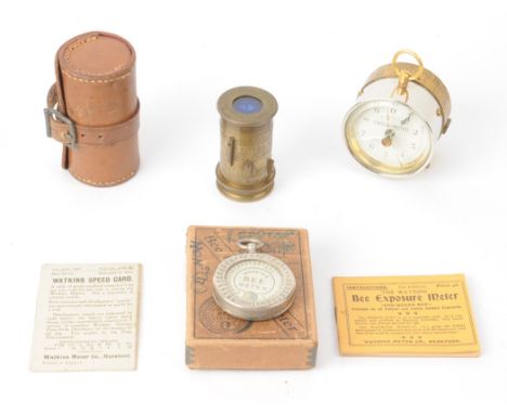 Watkins Light Meters, brass cylindrical Watkins Exposure Meter, R Field &amp; Co, Birmingham, in leather case, Bee Meter, in 