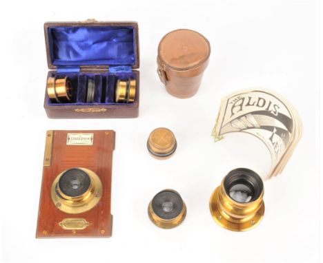 Brass Camera Lenses, Wray - wide-angle lens in Houghton Sanderson 'Tropical' lens board and another similar wide-angle lens, 