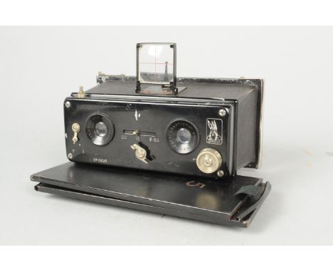 A Gallus Stereo 6 x 13cm Plate Camera, black, serial no. 9428, with  Gallus 70mm f/6.8 lenses, shutter not working, with a Fr