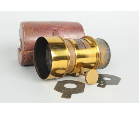 A 19th Century lacquered brass Portrait Lens, probably French, possibly marked D114, length 140mm approx., focal length 150mm