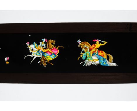 Twelve Mahogany-Mounted Hand-Coloured Long Magic Lantern Slides, each with comic and story scenes inlcuding Mazeppa, approx 3