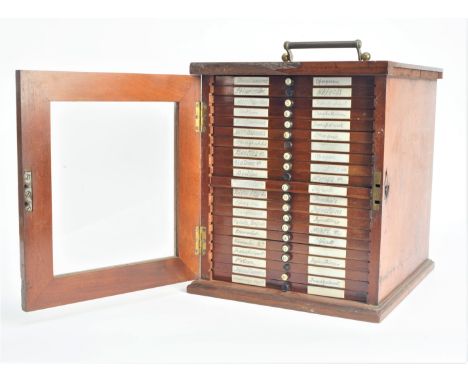 A 19th Century mahogany Microscope Slide Cabinet, twenty-one drawers, with glazed door, each drawer with manuscript titles, i