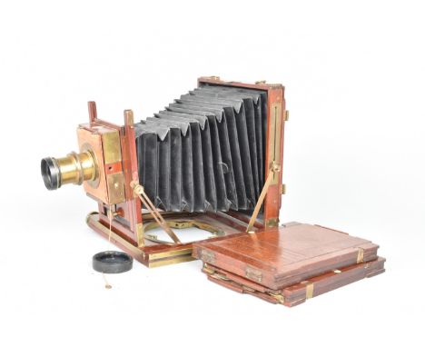 A Mahogany and Brass Half-Plate Field Camera, no maker's plate, serial no. 2818, F, double extension, hinged rear glass scree