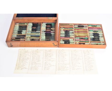 A 19th Century mahogany Microscope Slide Case, contents neatly enumerated on case with ink inscriptions, in or near period, w