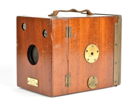 A late 19th Century mahogany sliding-box quarter-plate Tylar's 'Perfect' Camera,  with maker's plate 'Tylar's Perfect Camera,