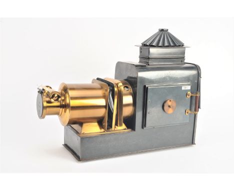 An early 20th Century Russian Iron and lacquered brass Magic Lantern,   with 8in lens, 480mm long, G-VG, lacks illuminant and