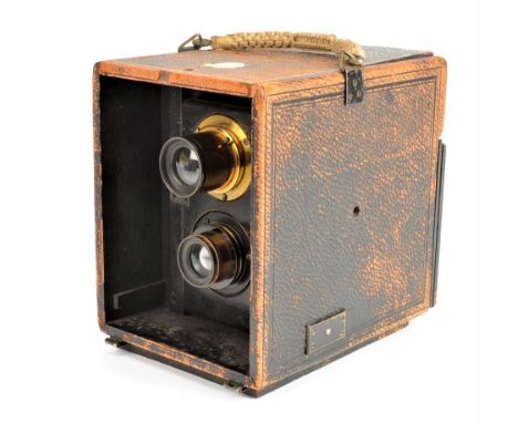 A rare early 20th Century black grained leather-covered 3in x 4in Lizars Challenge Twin Lens Reflex Camera, made-up' outfit, 