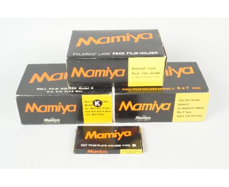 Mamiya Universal Press Film Holders,  a model K back for 120 film gives 6x9, 6x6, 6x4.5cm formats, in maker's box, model 2 fo