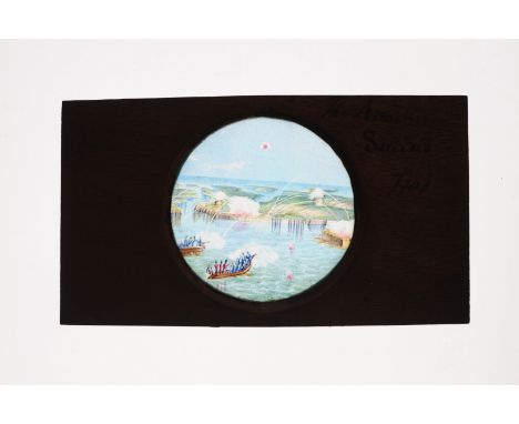 Mahogany-Mounted Static Hand-Painted and Hand-Coloured Magic Lantern Slides,  with various scenes, including The Attack on Su