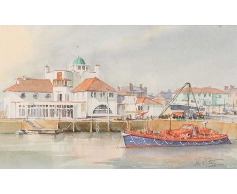 John R. Pretty (British, 20th century), Lowestoft Marina, watercolour, signed, 15x25cm, framed and glazed.