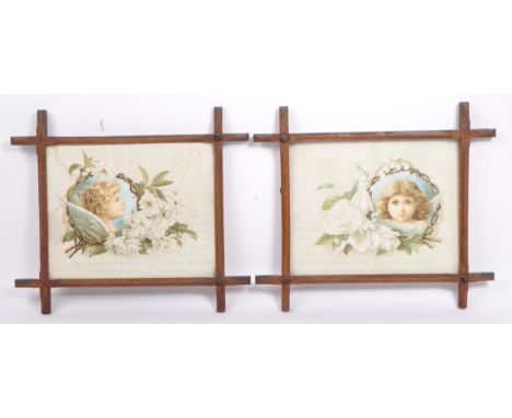 A pair of Arts &amp; Crafts 1940s religious prints. Both depicting an angel with foliate floral decoration around with religi