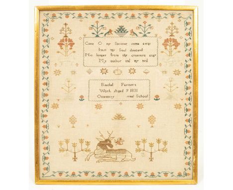 A needlework tapestry sampler, ' Rachel Farmer's work aged nine 1831, Oswestry ......onal School', stitched within a floral b