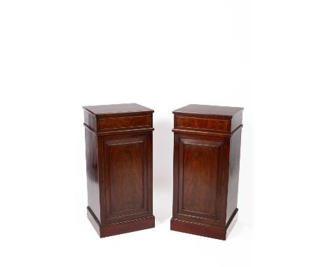 A pair of 19th Century mahogany plinth cupboards, adapted from a sideboard, each with single frieze drawer above a panel door