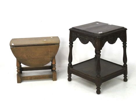 Two oak tables. A Victorian dark oak square top side table with carved frieze, turned legs and low shelf L45cm  x D45cm x H60