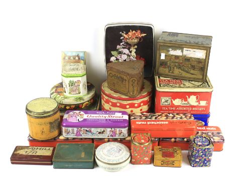 A collection of printed tins. Including ones for Campbells Tea, Dunlop, Huntley and Palmers, etc