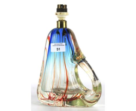A contemporary glass lamp base. Featuring a handle to one side and coloured in blue and orange, 20cm high (excluding fitting)